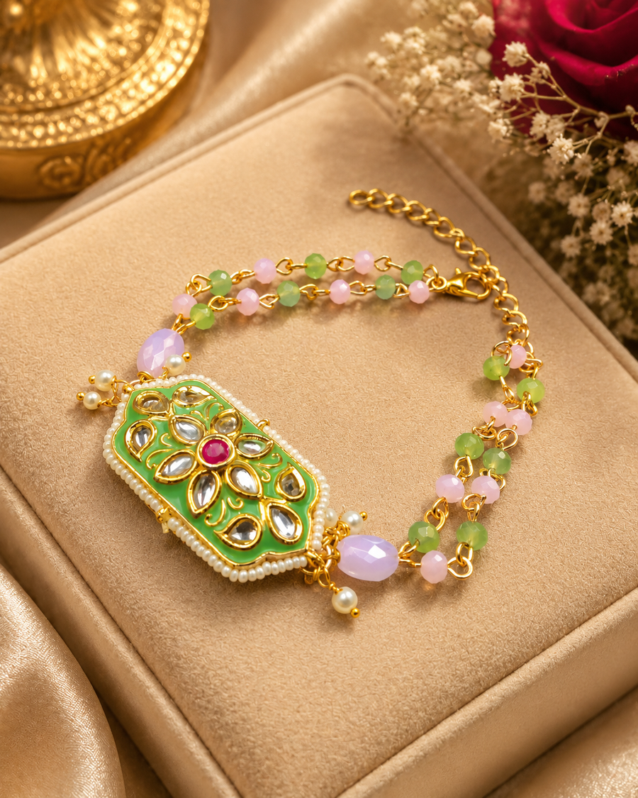 Green Enamel Kundan Beads Bracelet