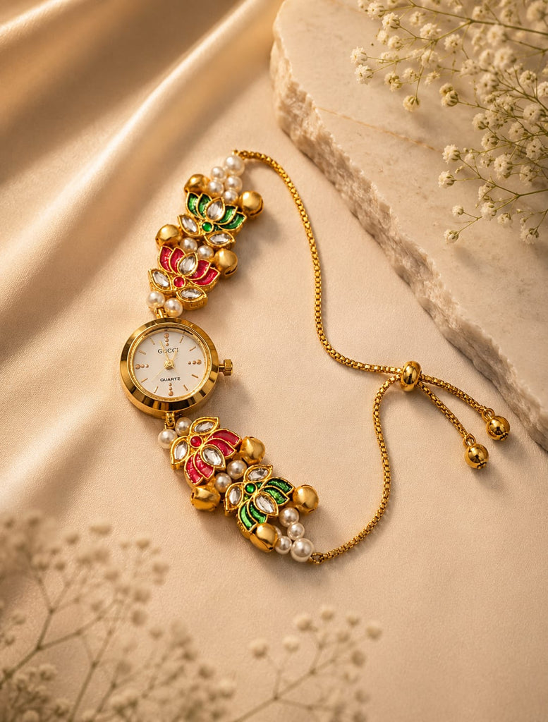 Lotus Pearl Kundan Watch Bracelet