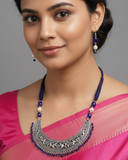 BLUE BEADS OXIDISED CRESCENT NECKLACE SET