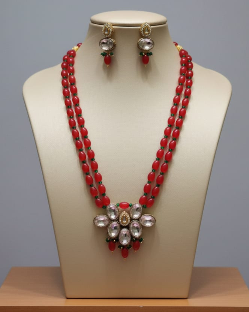 RED BEADS KUNDAN NECKLACE